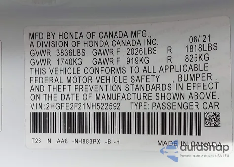 2022 Honda Civic Lx z USA, uszkodzony, nr VIN 2HGFE2F21NH522592
